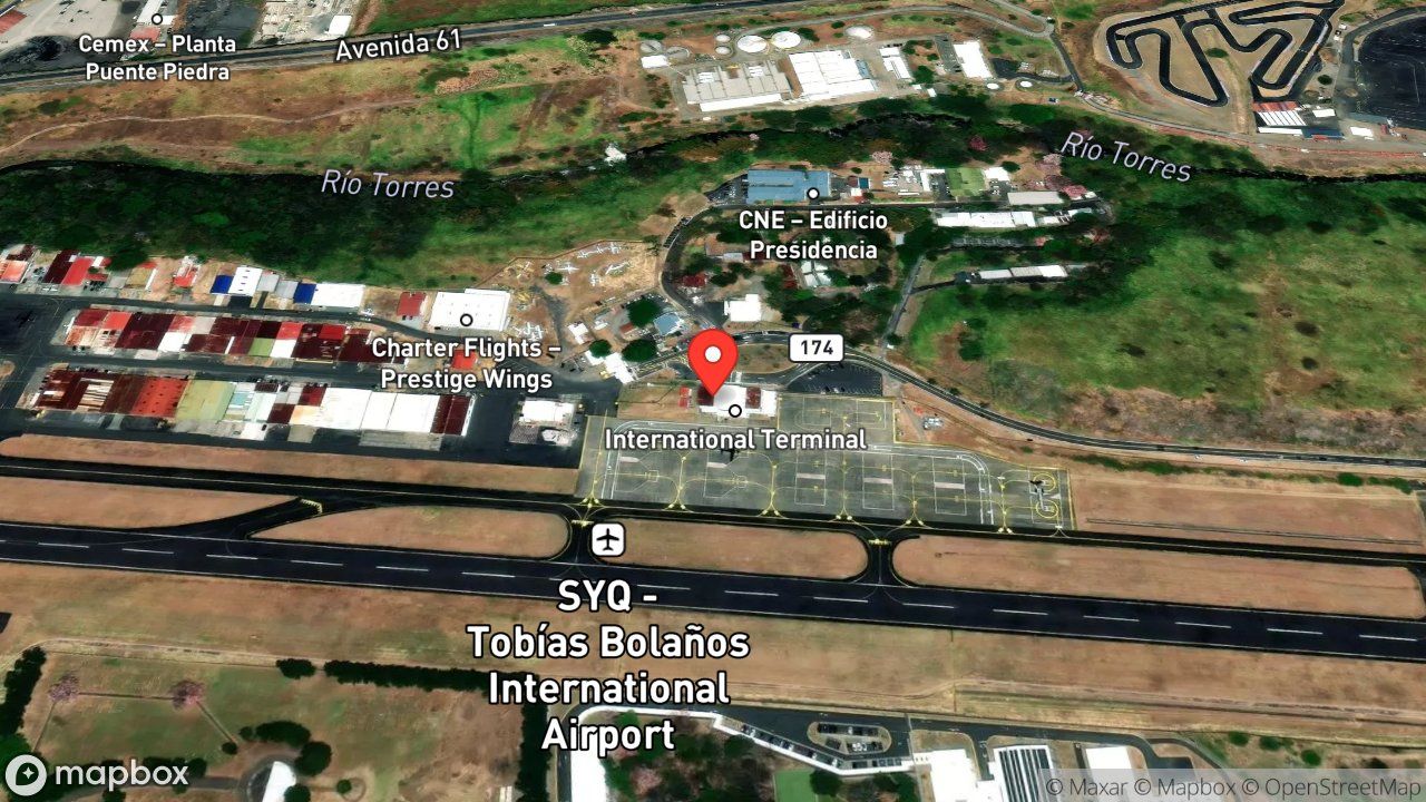 Mapa del incidente ESTACION DEL AEROPUERTO INTERNACIONAL TOBIAS BOLAÑOS REPORTA ALERTA 3 AERONAVE CON PROBLEMAS EN EL TREN DE ATERRIZAJE